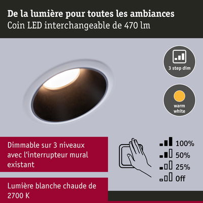 Spot LED encastrable avec lumière blanc chaud 2700K et gradation en 3 niveaux pour ambiance