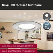 Nova LED recessed metal luminaire in silver with neutral white light and IP44 splash-proof protection