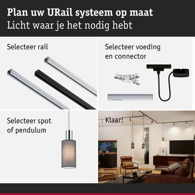 Modulair URail railsysteem met rails, connectoren en pendelarmatuur voor woonverlichting op maat