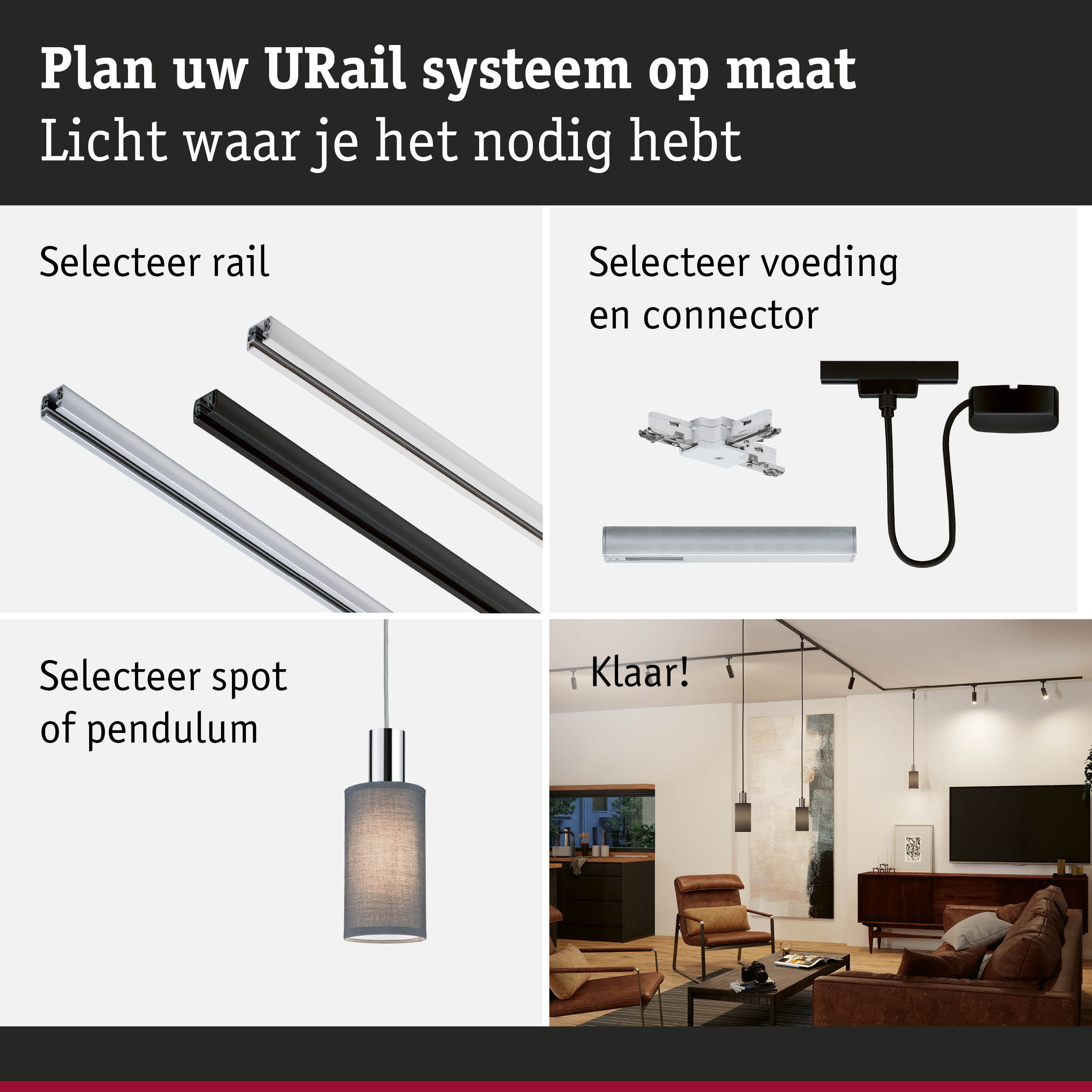 Modulair URail railsysteem met rails, connectoren en pendelverlichting in moderne woonkamer
