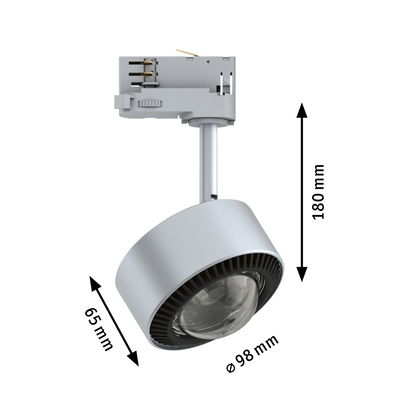 Gray LED spotlight with 98 mm diameter and 180 mm height, modern track lighting fixture
