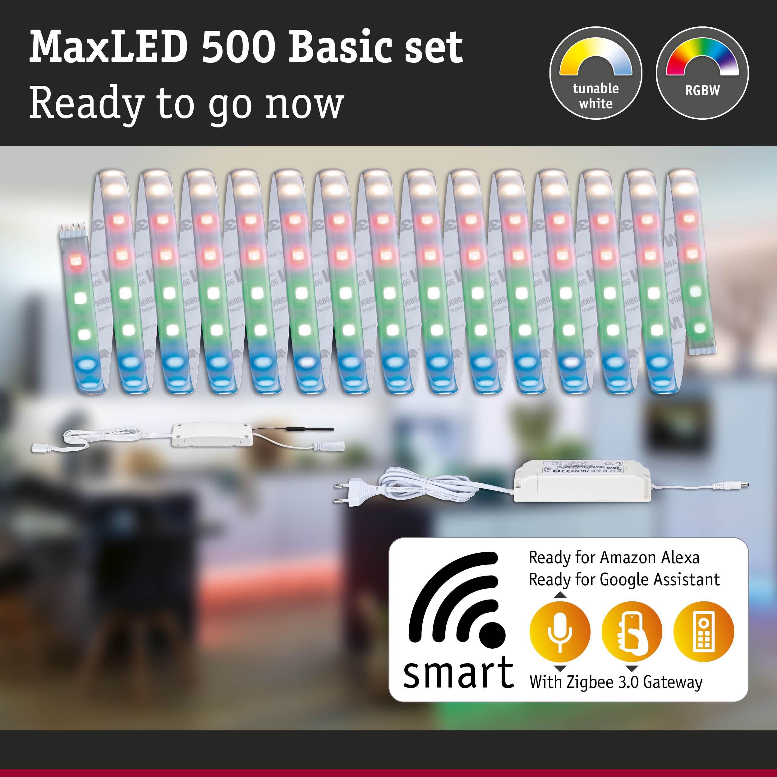 MaxLED 500 Basic set RGBW LED strip light with controller, smart home compatible with Alexa and Google Assistant