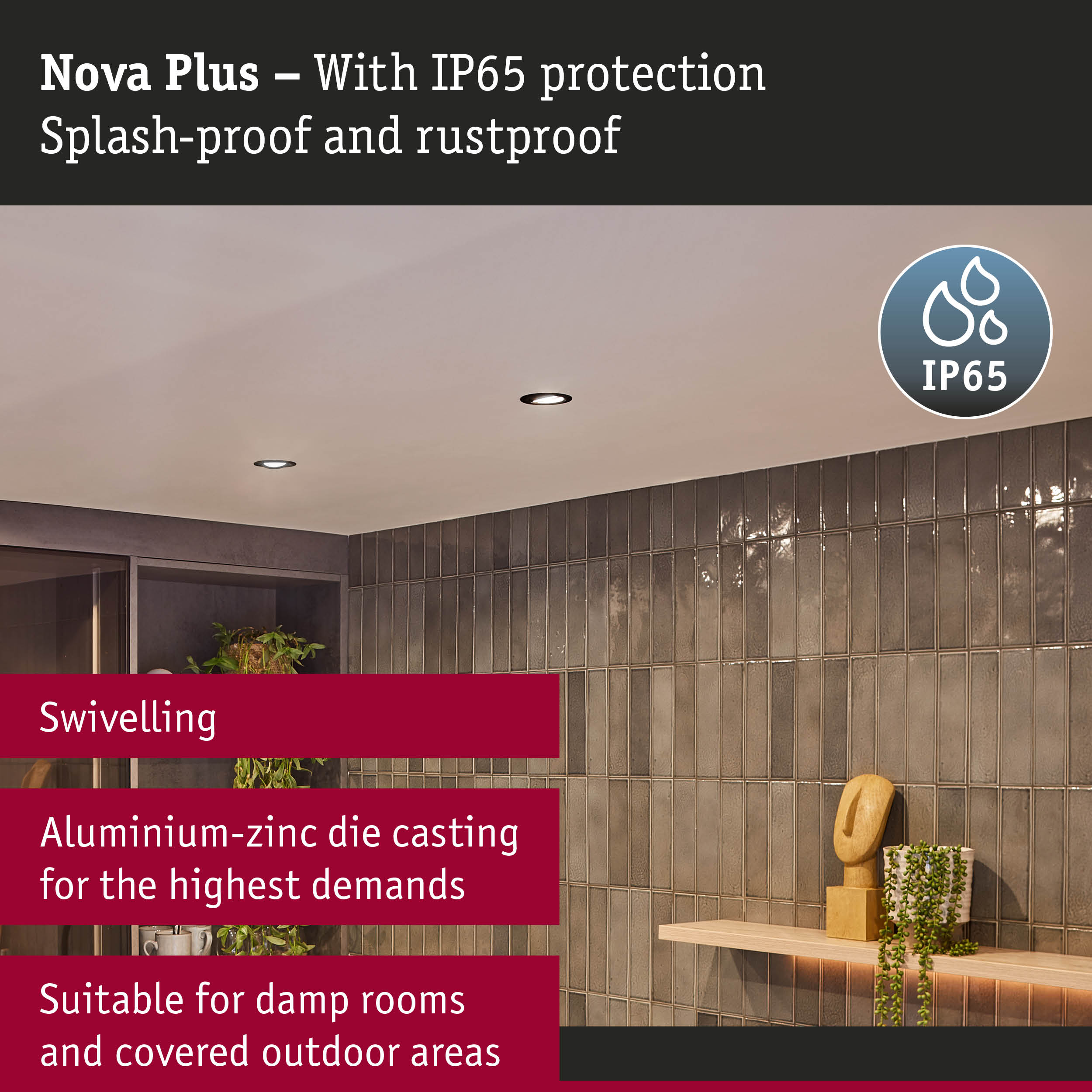 Nova Plus black aluminium-zinc recessed spotlight with IP65 protection for damp rooms and outdoor use