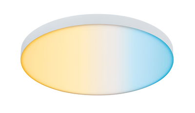 Runde LED-Deckenleuchte mit weißem Rahmen und stufenlos einstellbarem Farbwechsel von warmweiß zu kaltweiß.