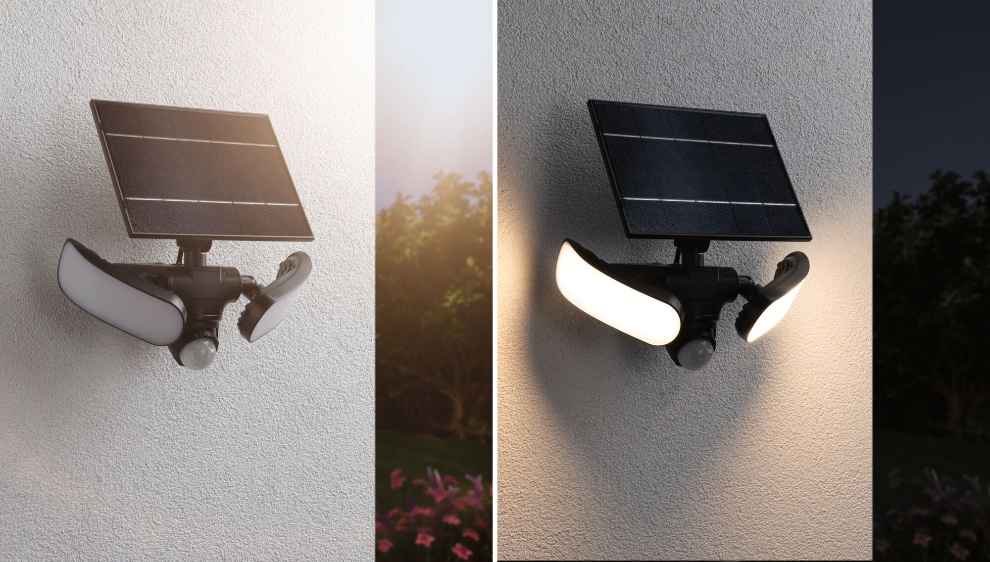 Black solar outdoor light with motion sensor and two white LED panels mounted on wall, shown day and night
