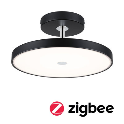 Rund loftlampe i sort metal med hvid diffusor og Zigbee smart home belysning