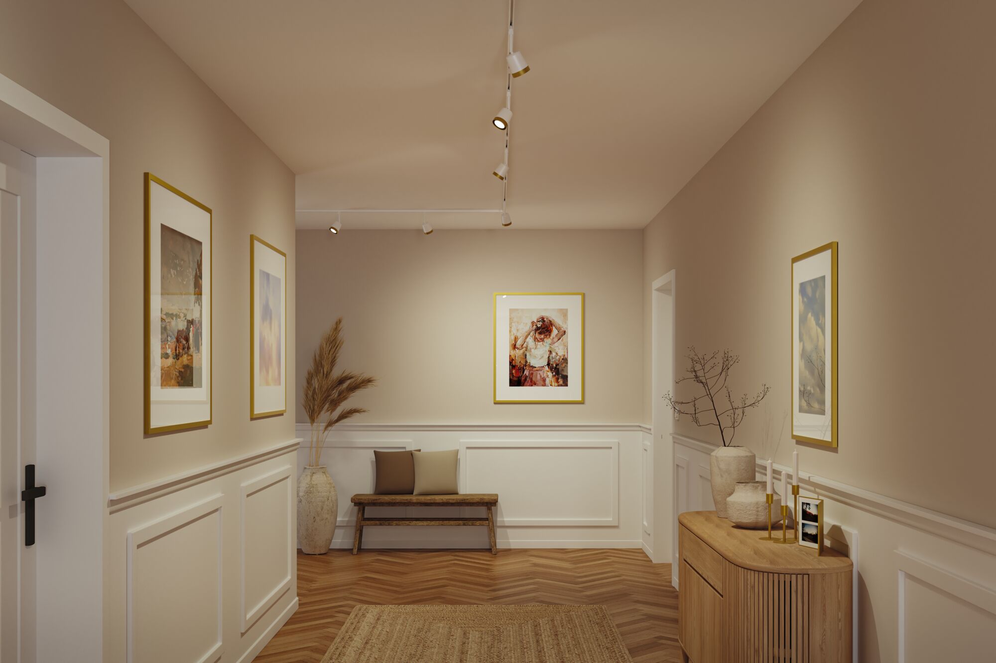 Hallway with white walls, wooden bench, rug and modern warm beige LED track lighting for home decor.