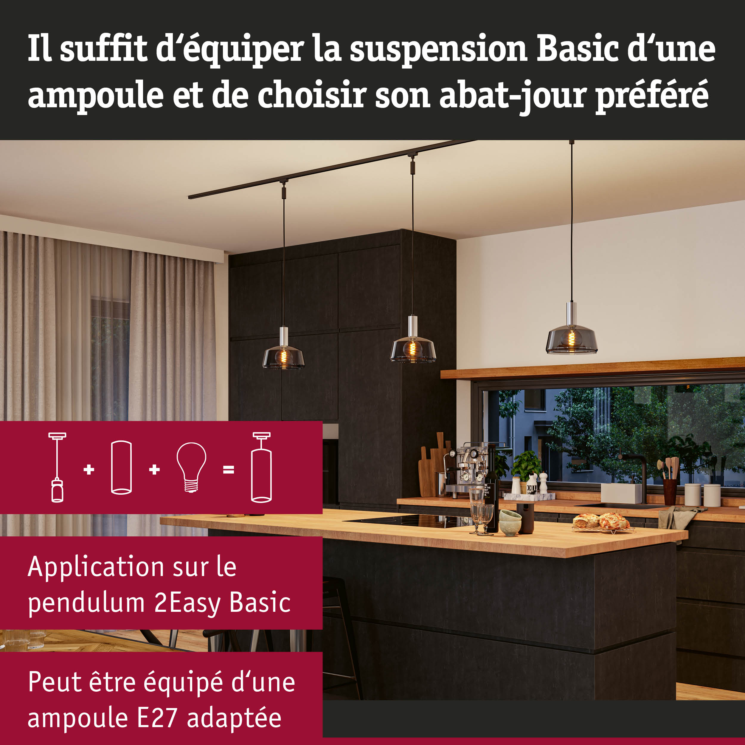Suspensions modernes en verre fumé avec câble noir au-dessus d'un îlot de cuisine en bois dans une cuisine contemporaine