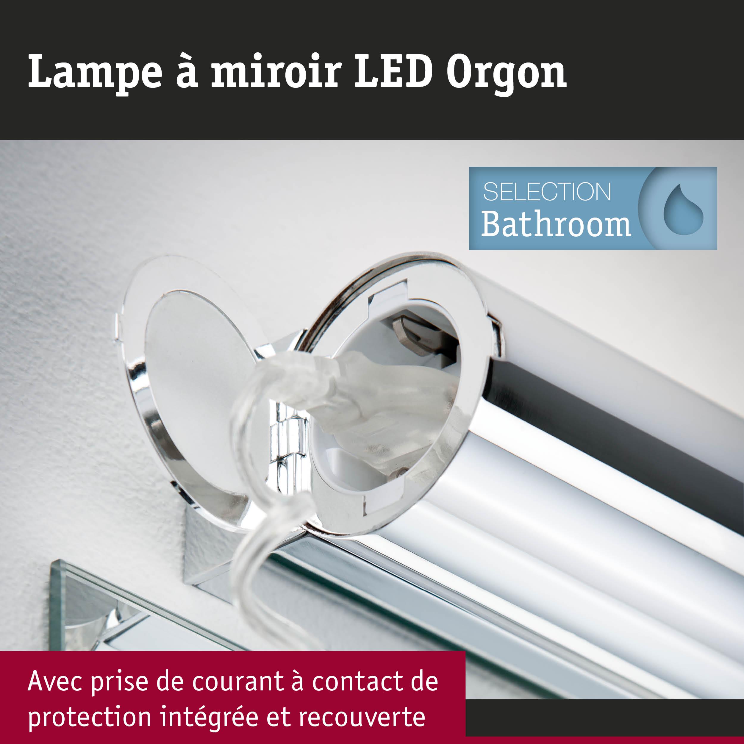 Lampe à miroir LED chromée avec prise de courant protégée intégrée pour éclairage de salle de bain