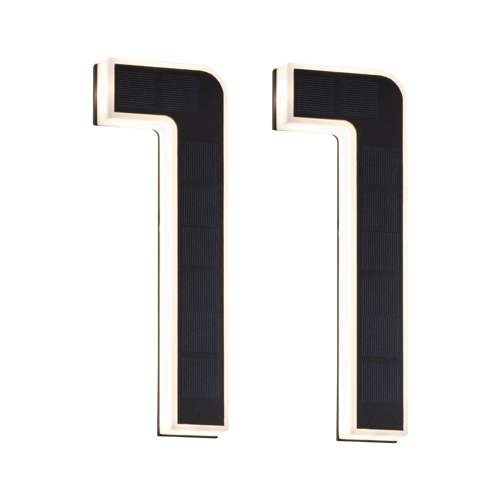 Two black L-shaped solar lights with white LED frame for energy-saving outdoor lighting