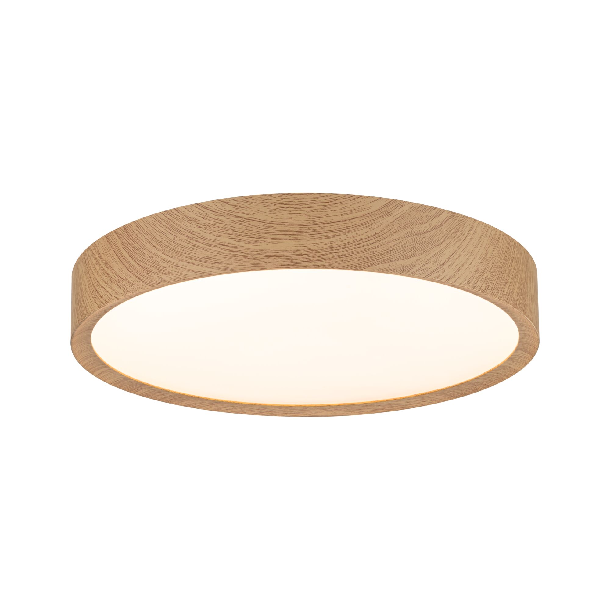 Round ceiling light with wood finish and warm white light for modern home lighting