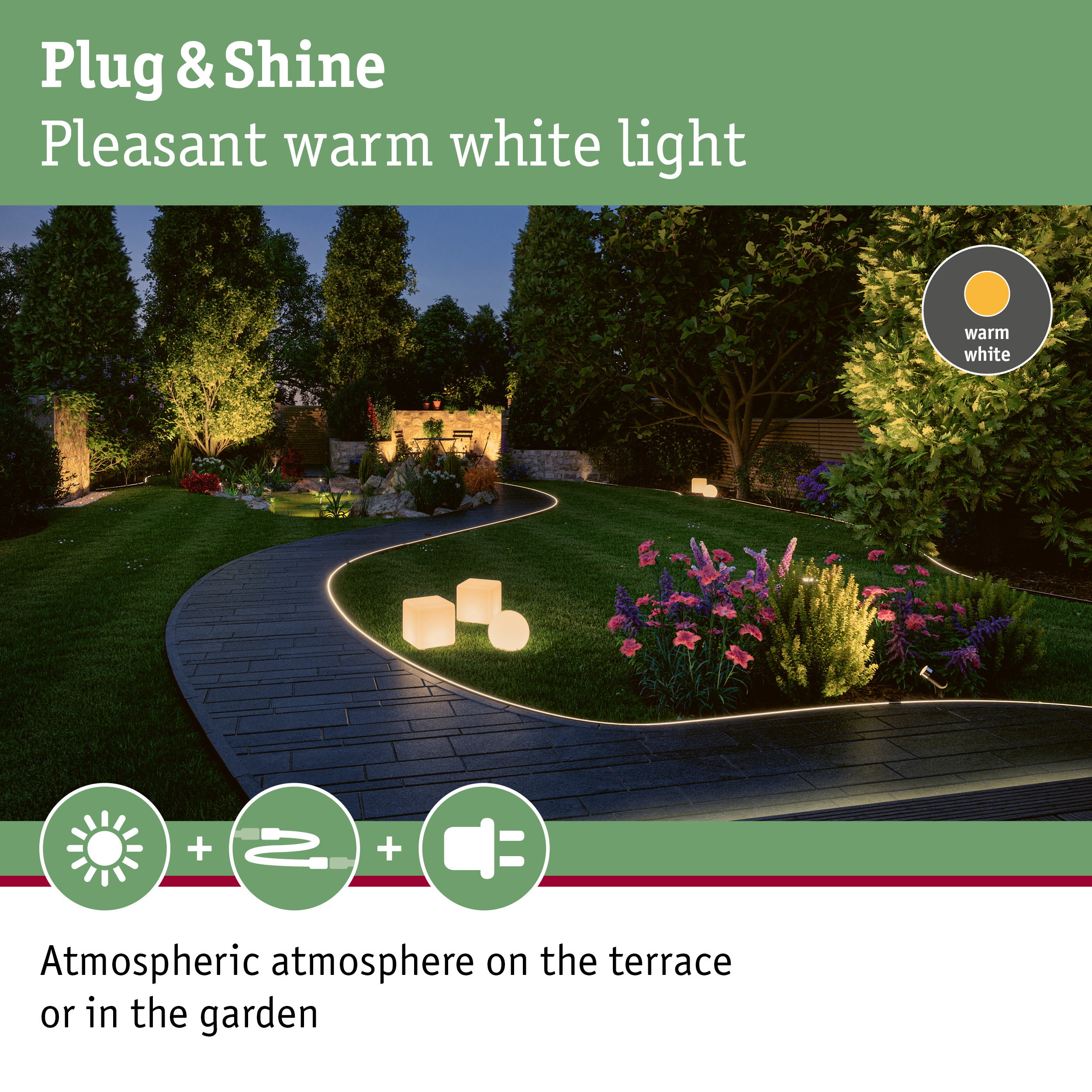 Garden path lit with warm white LED strip lighting and atmospheric outdoor garden lights