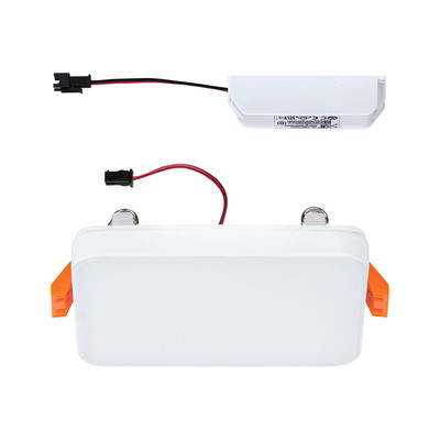 Rectangular white LED recessed panel with connection cables and orange clips for ceiling installation