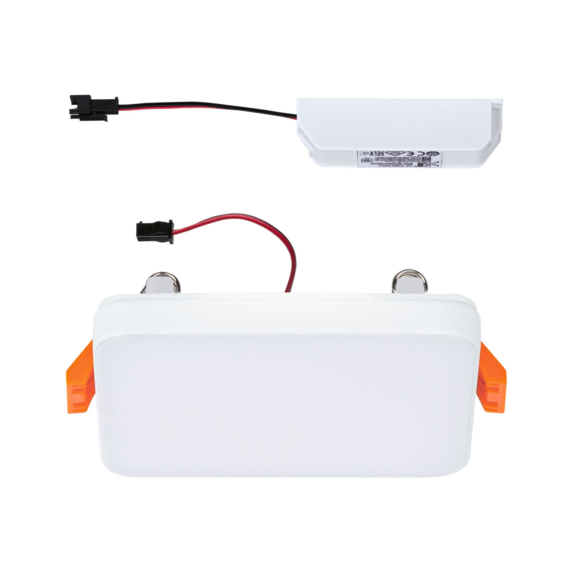 Rectangular white LED recessed panel with connection cables and orange clips for ceiling installation