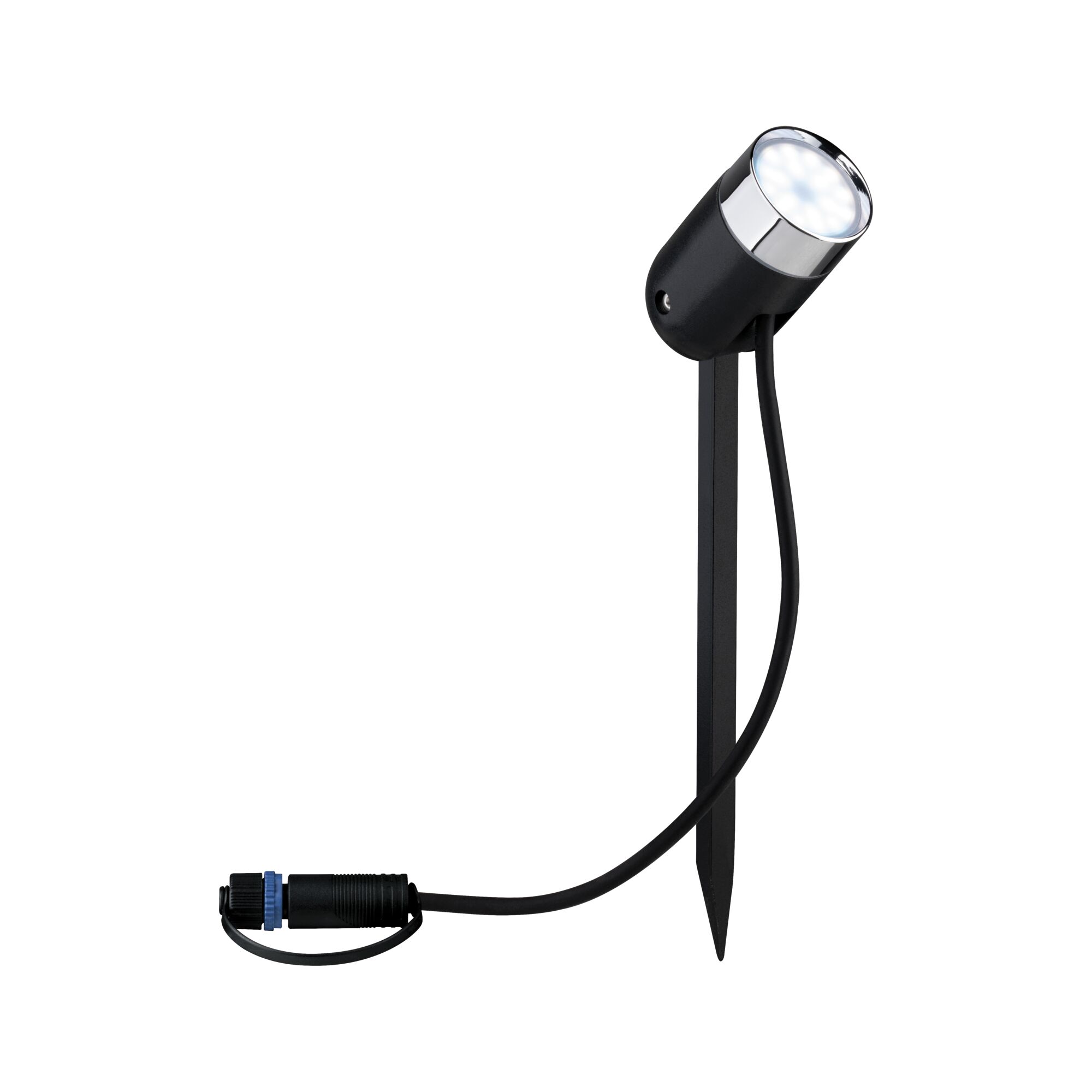 Zwarte LED-tuinschijnwerper met grondpin en zilveren reflector voor buitenverlichting