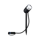 Zwarte LED-tuinschijnwerper met grondpin en zilveren reflector voor buitenverlichting