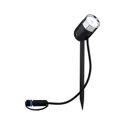 Zwarte LED-tuinschijnwerper met grondpin en zilveren reflector voor buitenverlichting