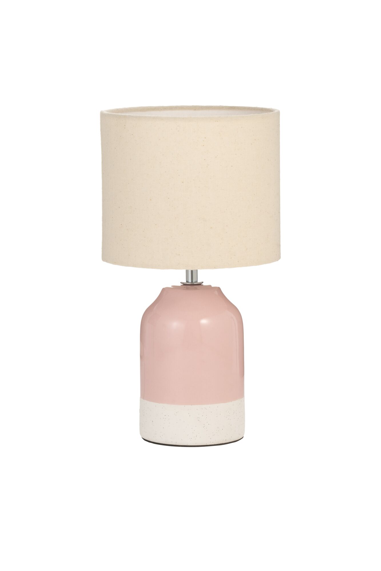 Tafellamp met roze keramische voet en beige stoffen kap voor sfeervolle verlichting