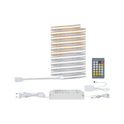 Bande LED blanche avec télécommande et alimentation pour éclairage flexible et changement de couleur.