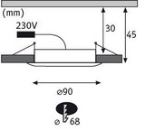 Technical drawing of a round LED recessed spotlight with 90 mm diameter and 230V connection.