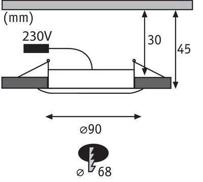Technische Zeichnung eines runden LED-Einbaustrahler mit 90 mm Durchmesser und 230V Anschluss.