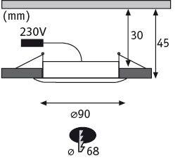 Technische Zeichnung eines runden LED-Einbaustrahler mit 90 mm Durchmesser und 230V Anschluss