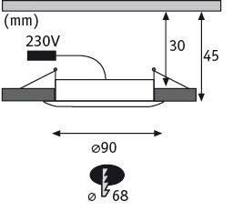 Schéma technique d'un spot LED encastré rond de 90 mm de diamètre avec connexion 230V