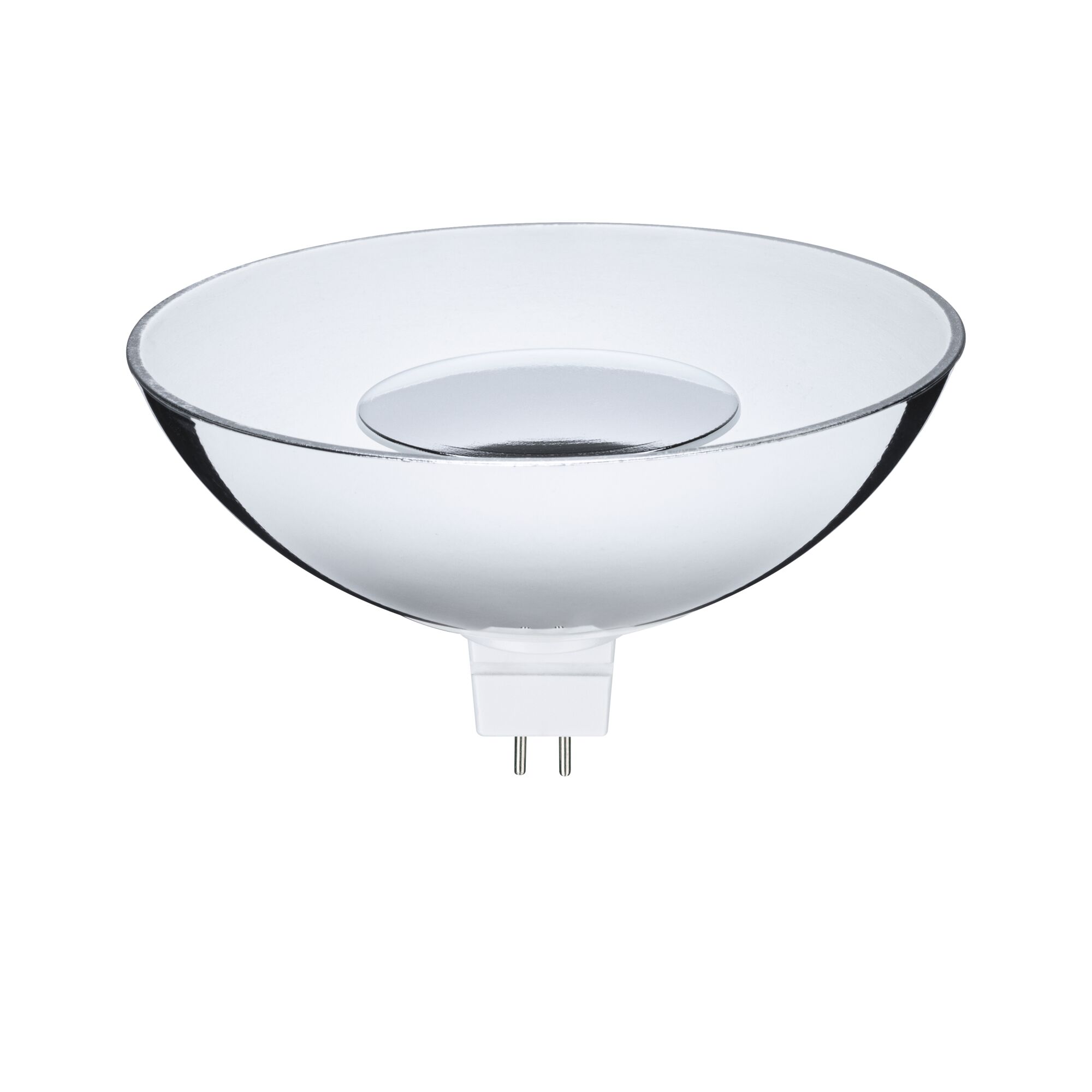 Klare Glas-Reflektorlampe mit zwei Metallstiften, geeignet für LED-Leuchten und Lampen.
