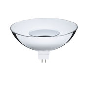 Klar glas reflektorlampe med to metalstifter, egnet til LED-belysning og lamper.