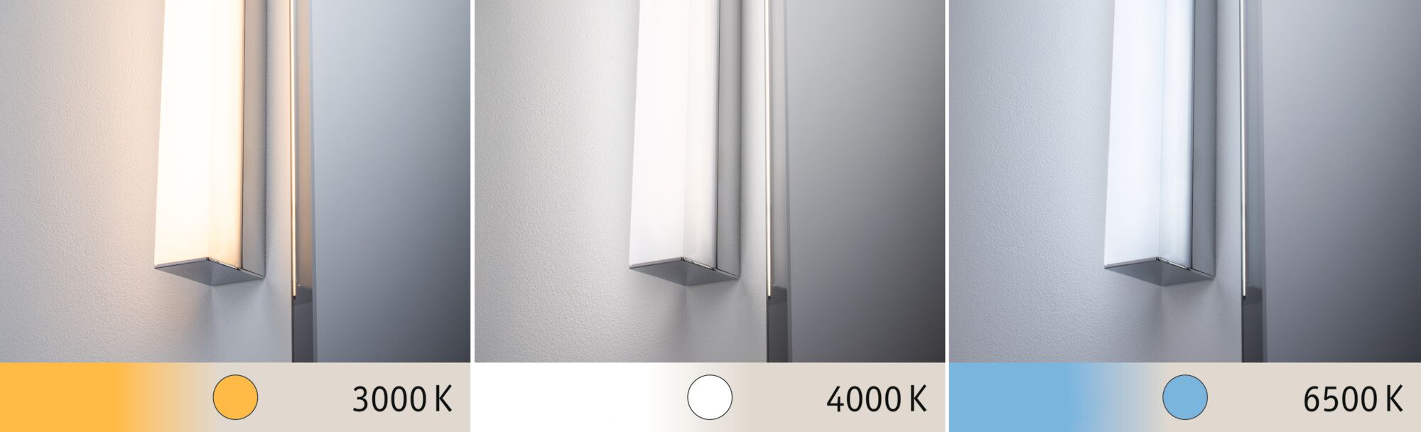 Applique murale moderne en métal chromé avec diffuseur blanc, lumière chaude à froide 3000K, 4000K, 6500K.