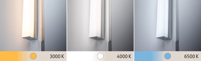 Modern wall light with chrome metal and white diffuser showing warm to cool light colors 3000K, 4000K, 6500K.