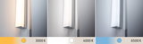 Modern wall light with chrome metal and white diffuser showing warm to cool light colors 3000K, 4000K, 6500K.