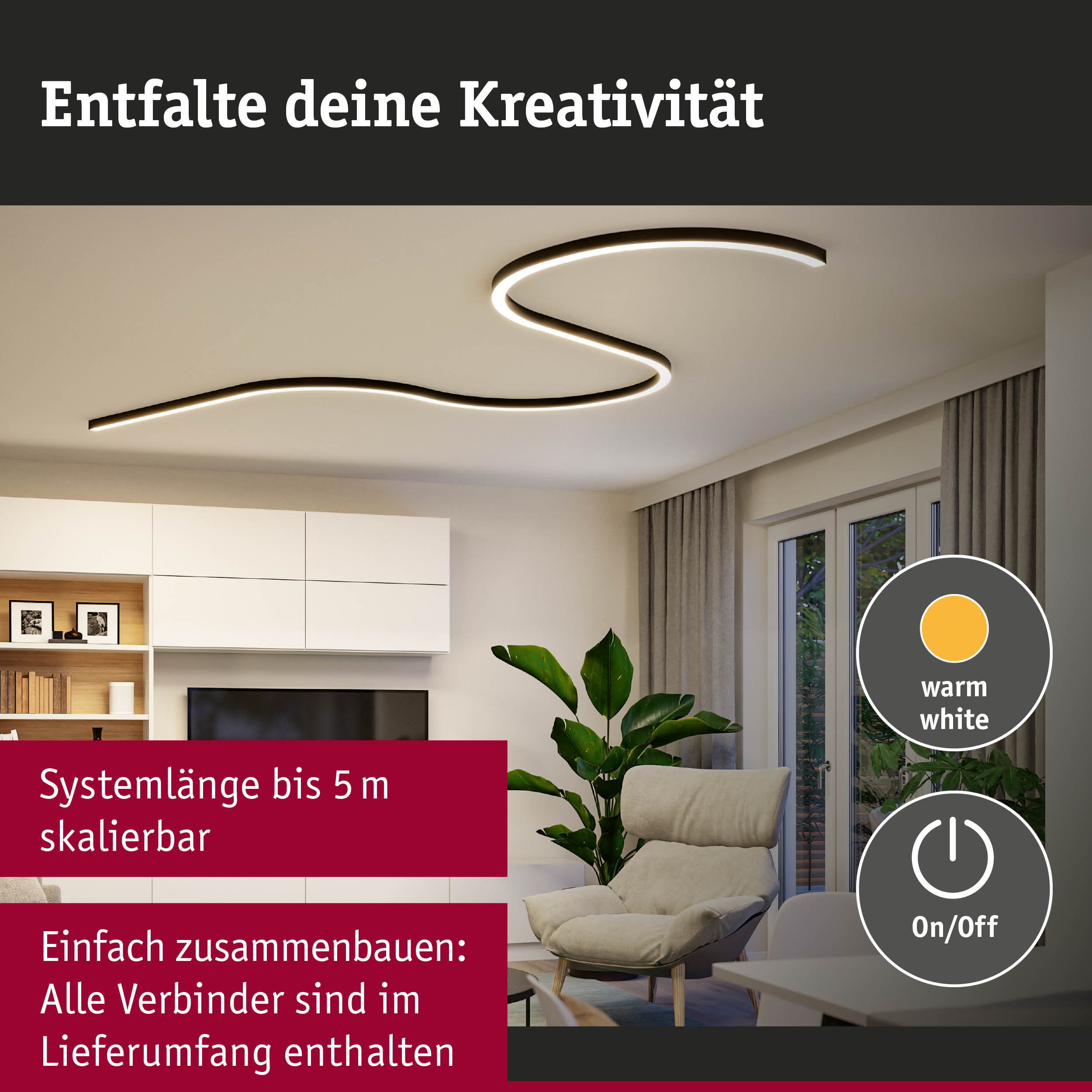 Schwarze LED-Deckenleuchte in geschwungener Form mit warmweißem Licht für modernes Wohnzimmer