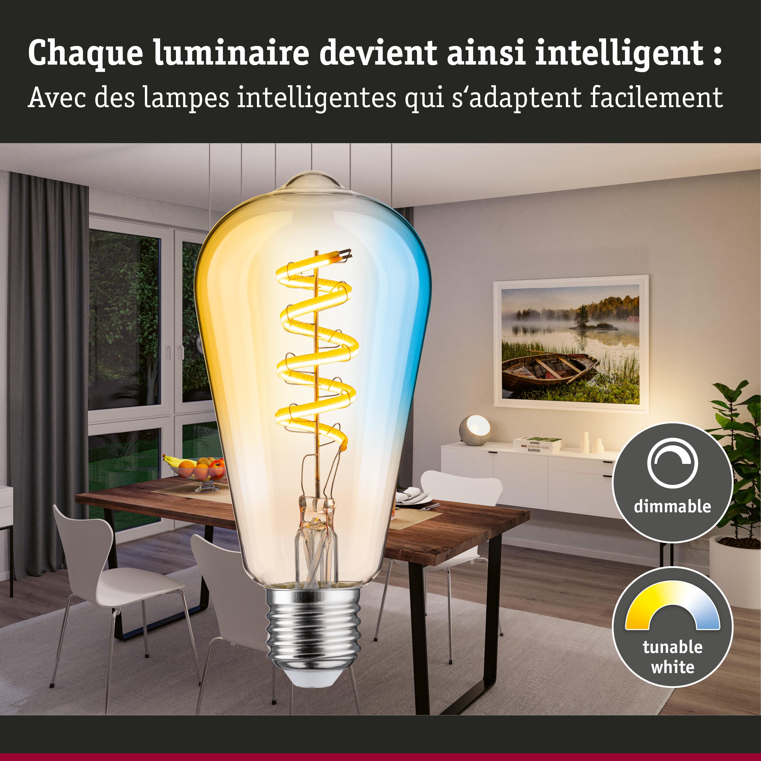 Ampoule LED dimmable avec lumière blanche réglable dans une salle à manger moderne avec meubles en bois et blanc
