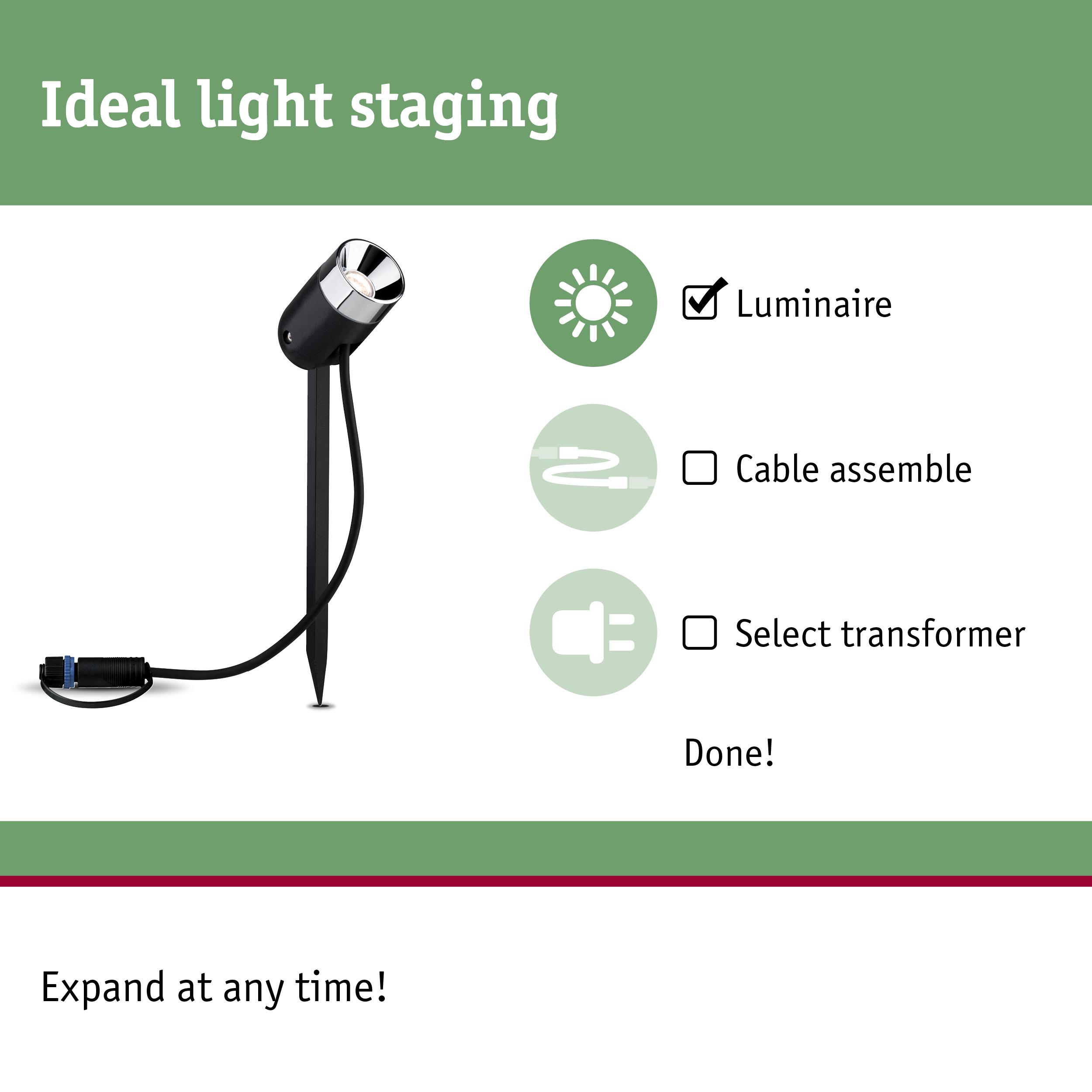 Black LED outdoor spotlight with ground stake and cable, perfect for garden lighting and light staging