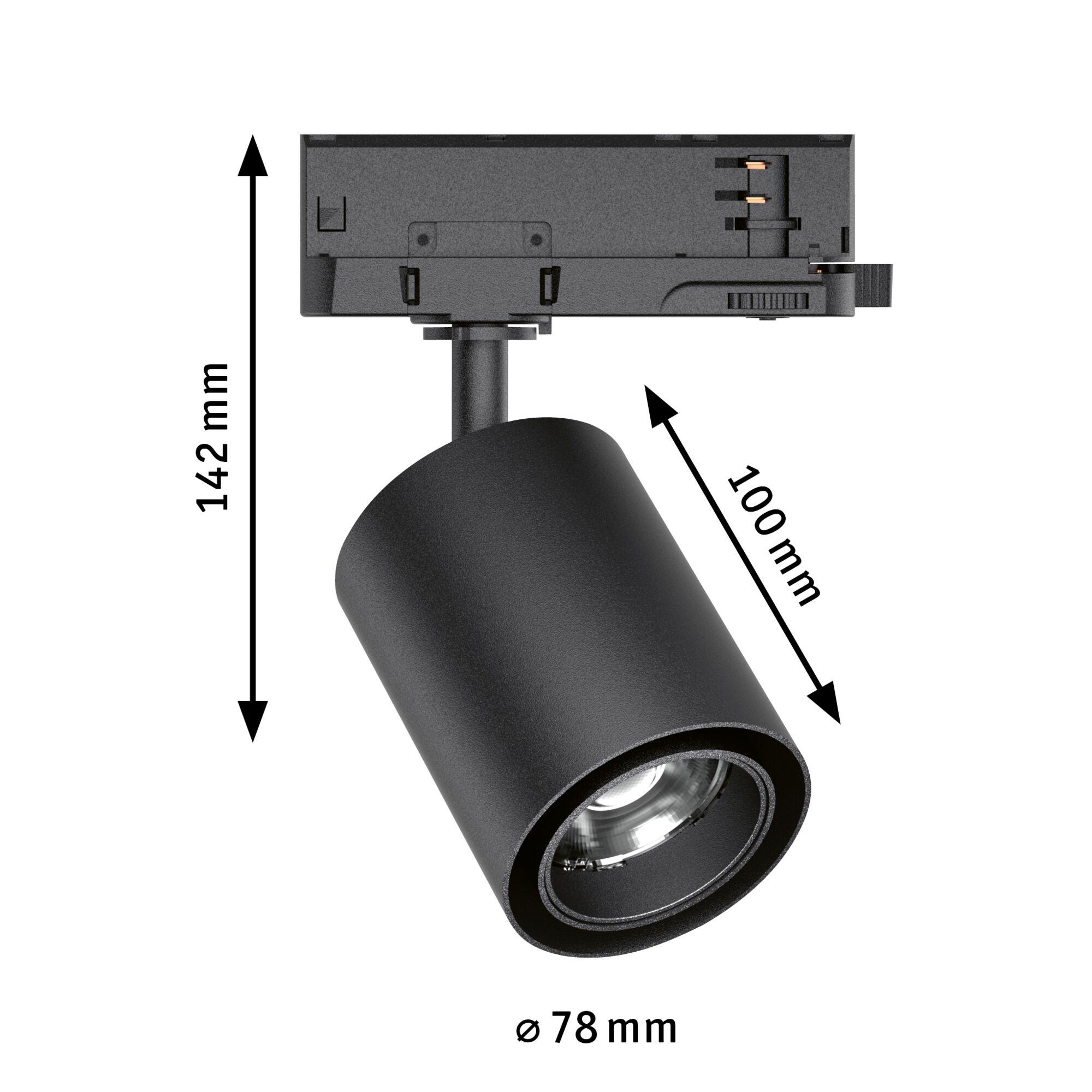 Black aluminium spotlight with 78 mm diameter and 142 mm height, adjustable LED track light