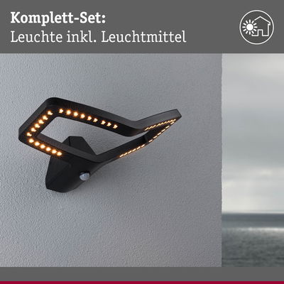 Schwarze LED-Wandleuchte mit integriertem Bewegungsmelder und warmweißem Licht für Außenbereiche