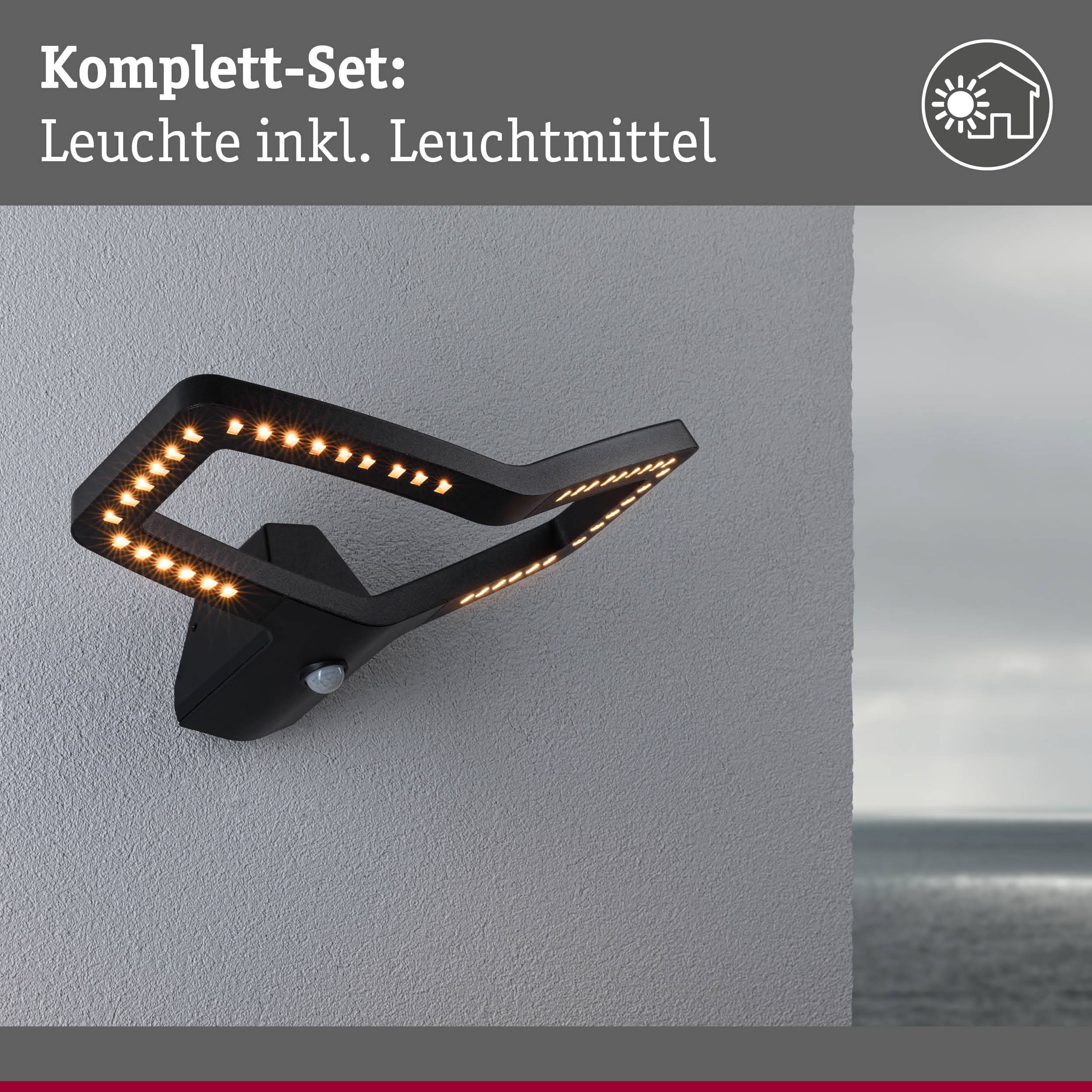Schwarze LED-Wandleuchte mit modernem Design und warmweißem Licht für Außenbereiche.