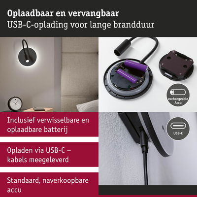 Oplaadbare wandlamp met verwisselbare accu en USB-C-kabel voor lange brandduur