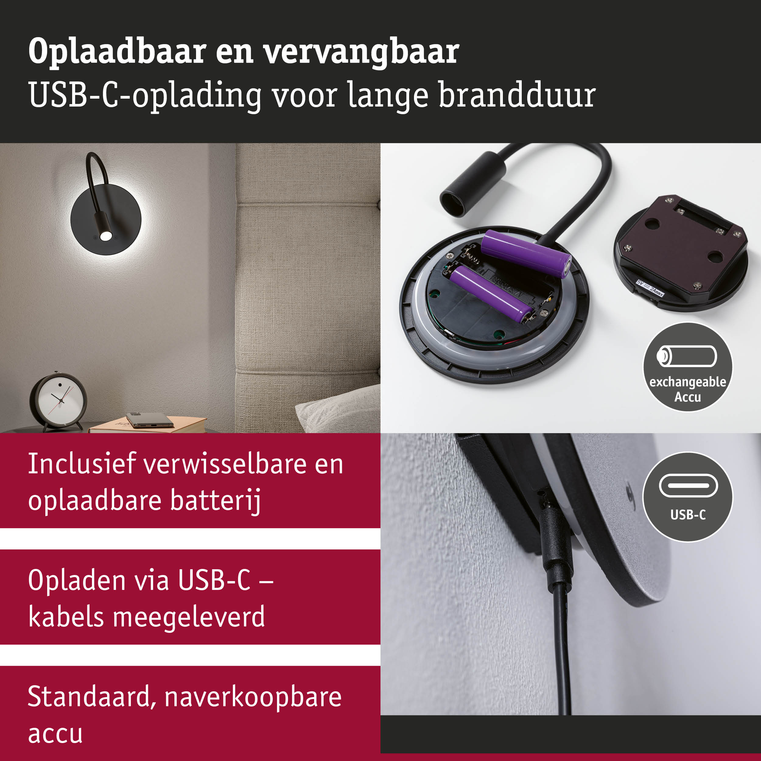 Wandlamp met USB-C-oplader en verwisselbare accu voor lange brandduur