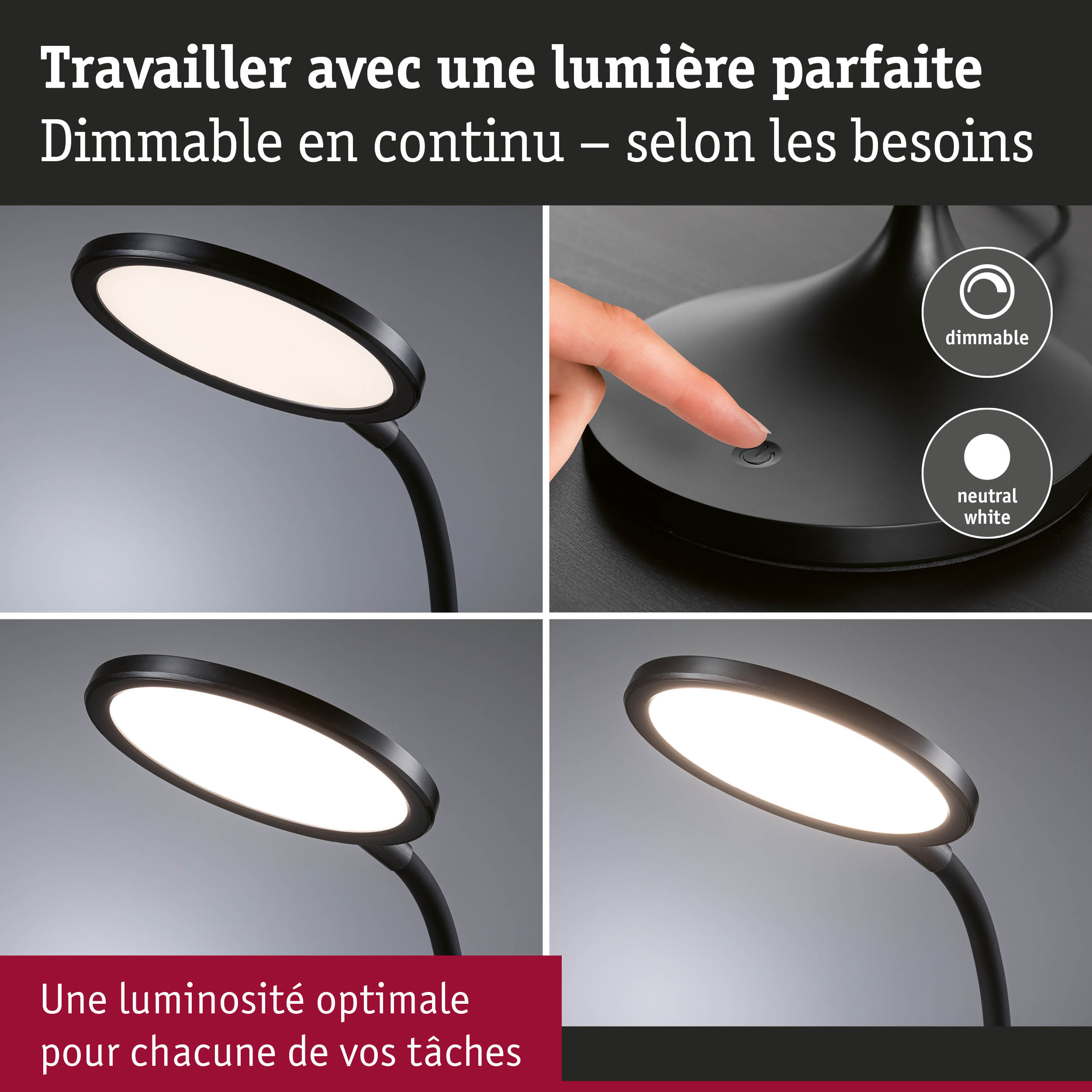 Lampe de bureau LED noire dimmable avec lumière blanc neutre et interrupteur tactile pour un éclairage optimal