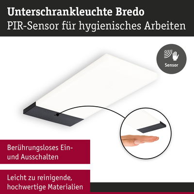 Unterschrankleuchte Bredo mit PIR-Sensor für berührungsloses Ein- und Ausschalten, weiß und schwarz