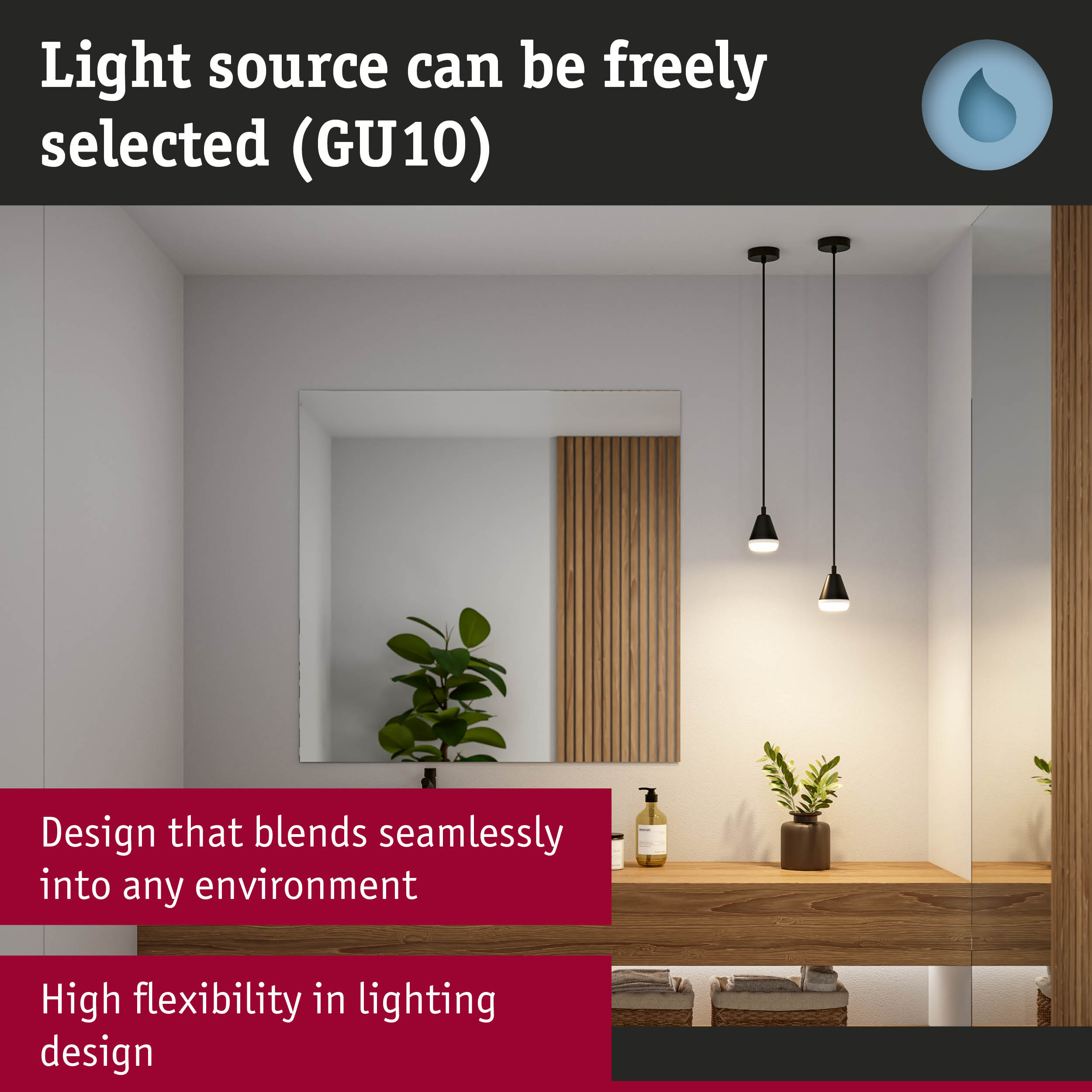 Modern black pendant lights with GU10 fitting above wooden bathroom sink for flexible lighting
