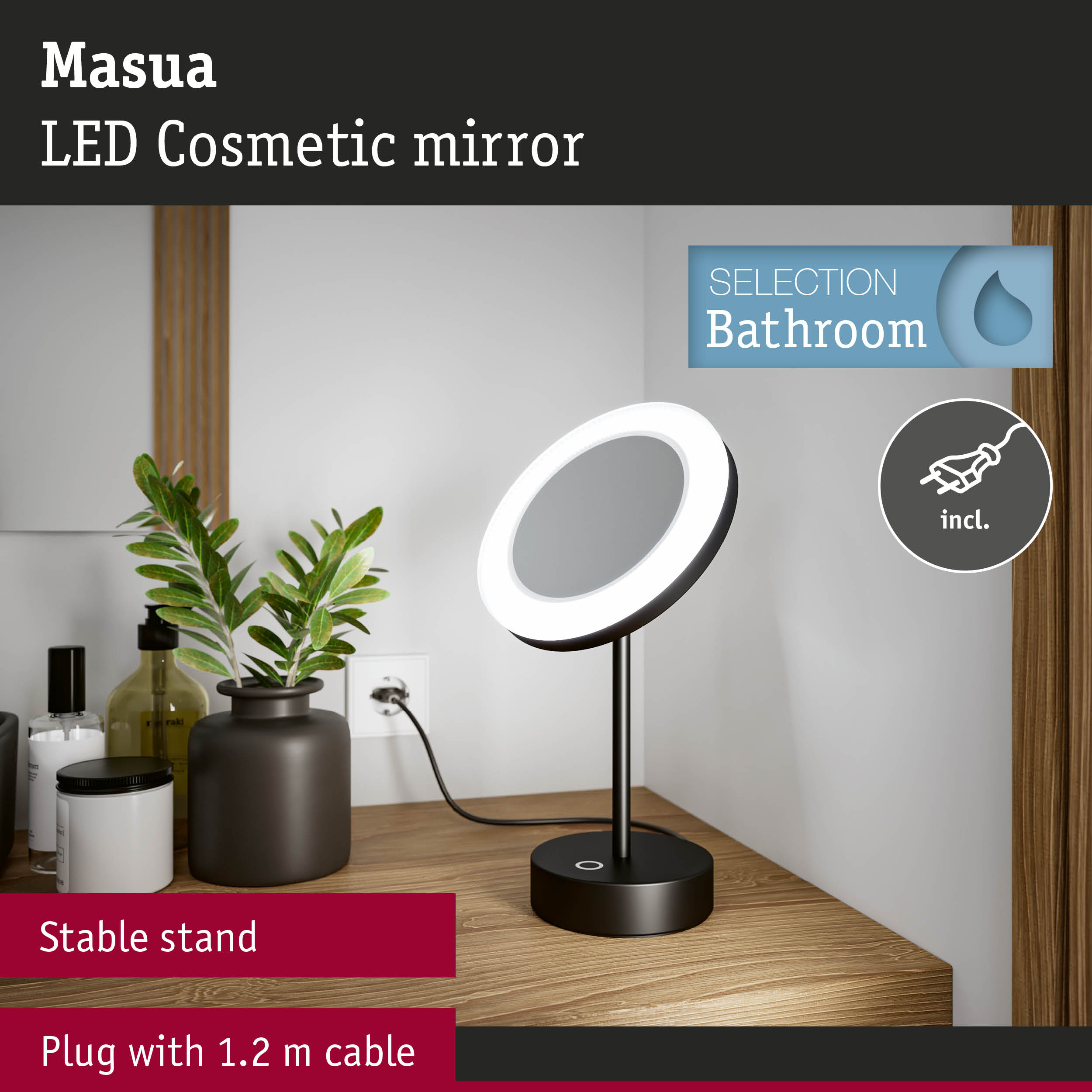 Masua LED cosmetic mirror with black metal stand and stable base for bathroom use