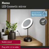 Masua LED cosmetic mirror with black metal stand and stable base for bathroom use