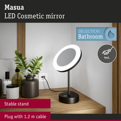 Masua LED cosmetic mirror with black metal stand and stable base for bathroom use