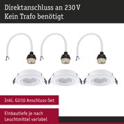 Drei weiße Einbaustrahler mit GU10 Anschluss-Set und direktem 230V Anschluss ohne Trafo