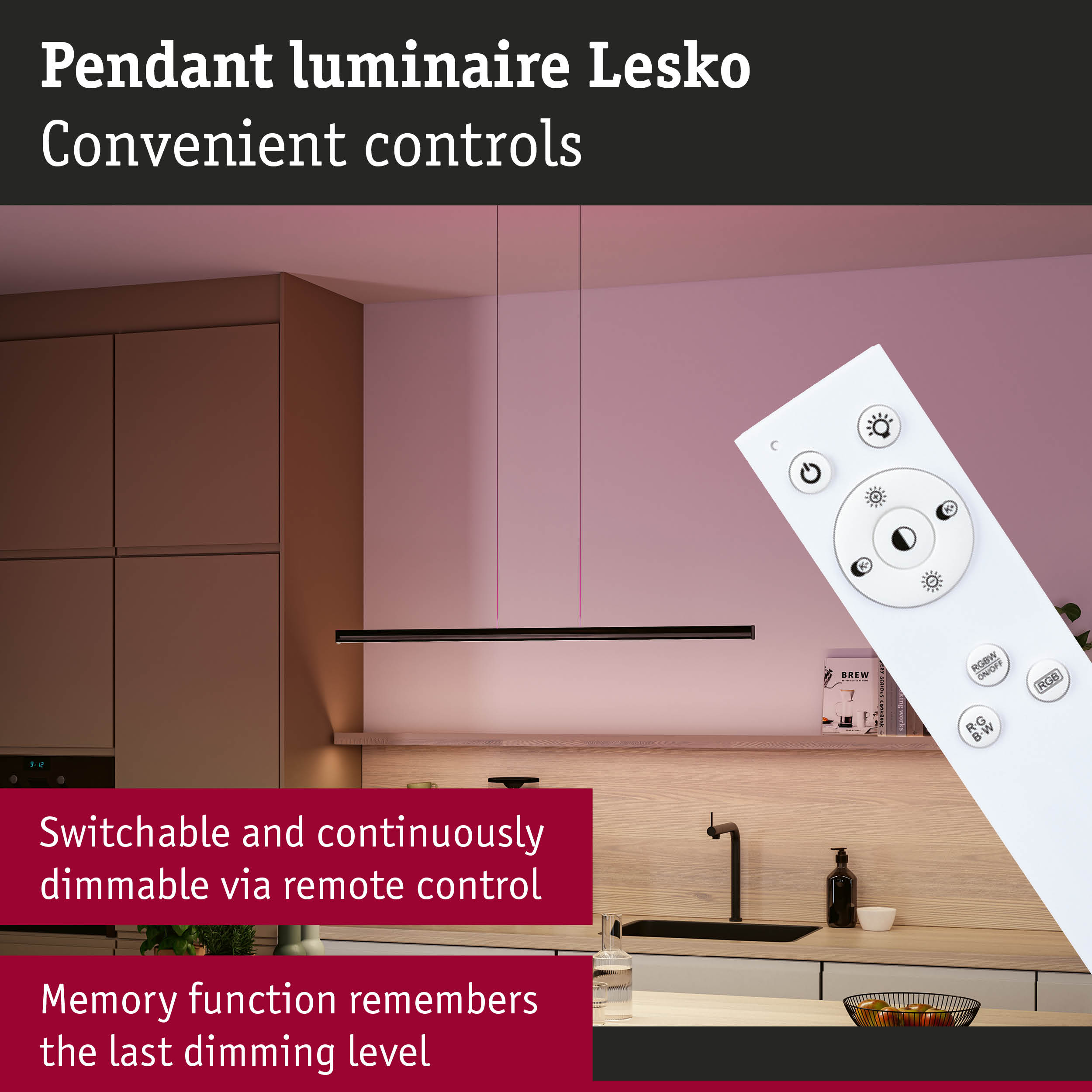 Black Lesko metal pendant luminaire with remote control for dimmable kitchen lighting