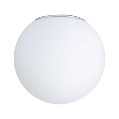 Round ceiling light with white glass and chrome trim, modern indoor lighting for living spaces