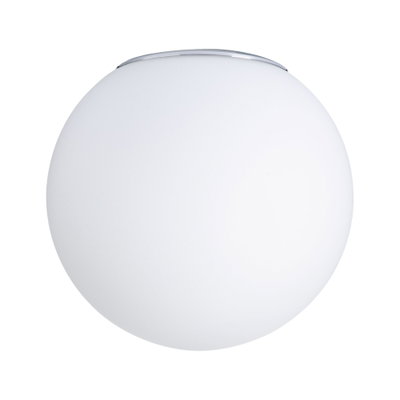 Round ceiling light with white glass and chrome trim, modern indoor lighting for living spaces